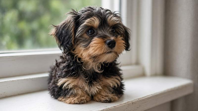 Yorkipoo, kruising van Yorkshire Terriër × Dwergpoedel (AI-afbeelding)